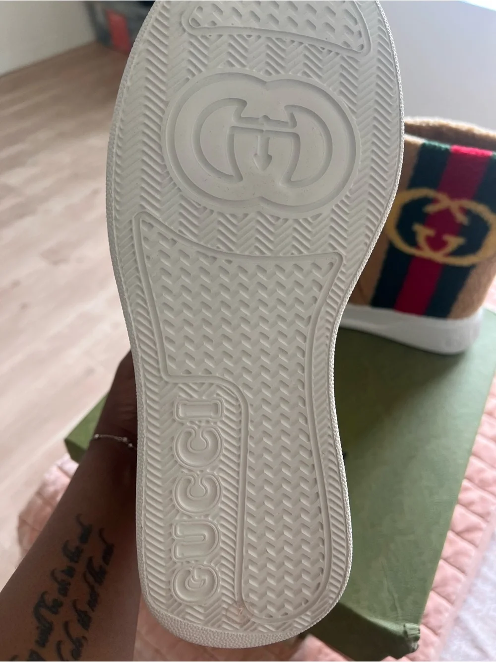 Gucci Tan Shearling Boot with Red & Green Stripe and Yellow Logo.